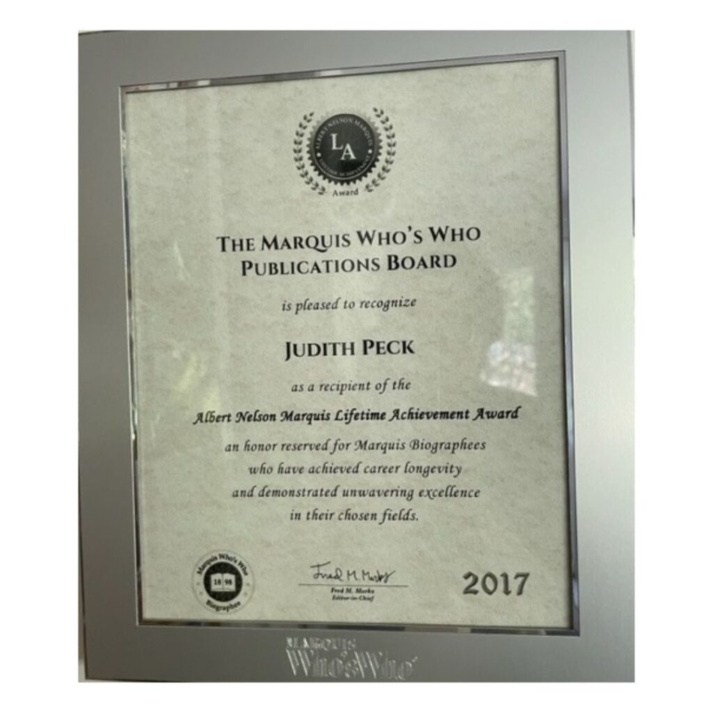 Marquis Who's Who Publications Board Presented to Judith Peck